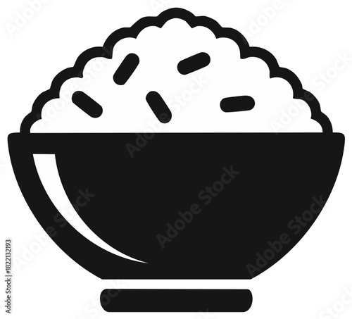 Simple black icon of a bowl filled with white rice grains