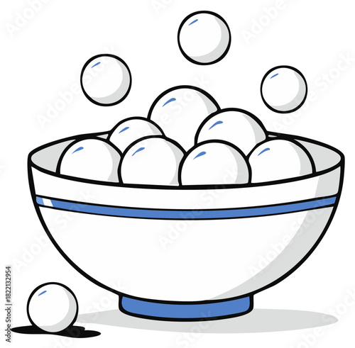 Cartoon Tangyuan in Bowl with blue accents, glutinous rice balls, asian dessert, illustration