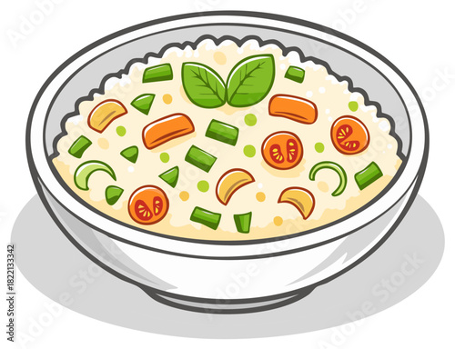 Bowl of Vegetable Soup with Tomatoes, Carrots, and Basil Leaves Illustration