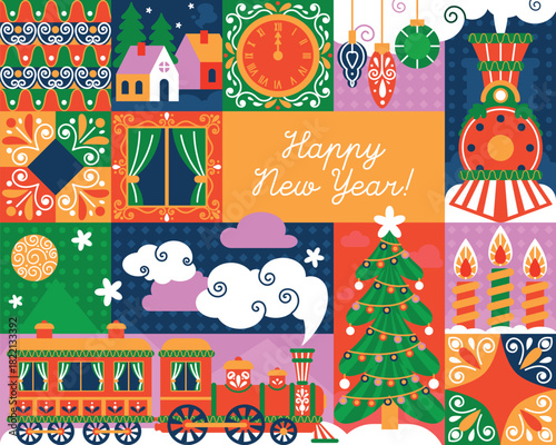 Bright New Year illustration in a festive decorative style: Christmas train, holiday tree, candles, ornaments, winter landscape, and colorful patterns. Perfect for prints, postcards, packaging design