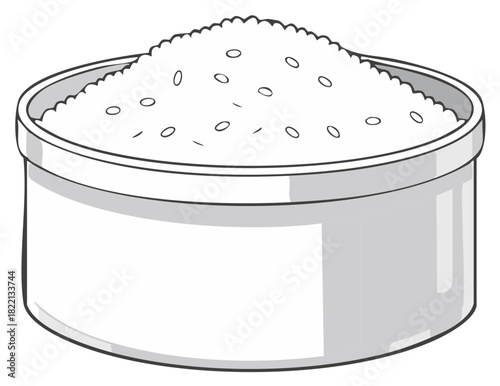 Stylized monochrome vector illustration of a simple bowl overflowing with white granular food like rice or sugar