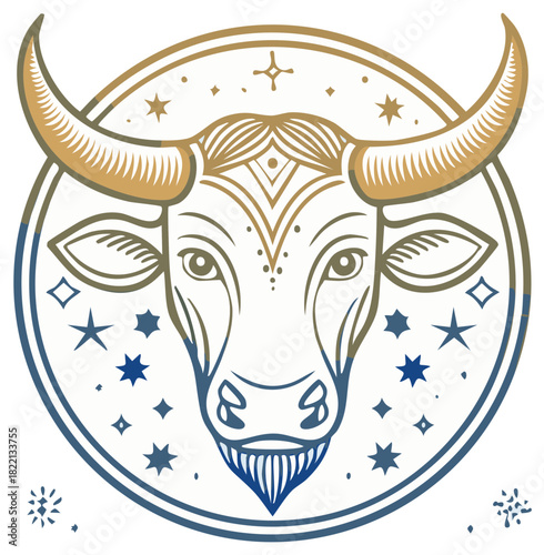 Stylized Taurus Zodiac Sign Illustration with Stars and Horns in Earth Tones