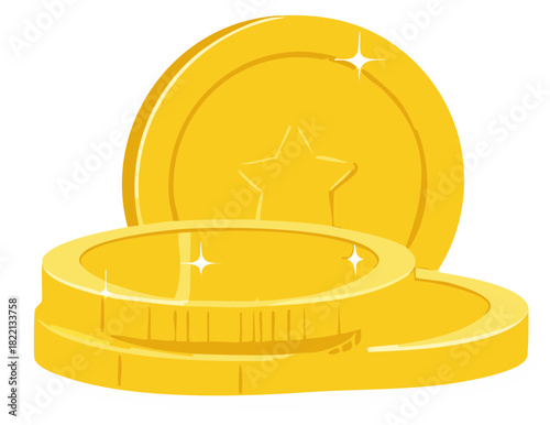 Stack of Sparkling Golden Coins with Star Decoration on White Background