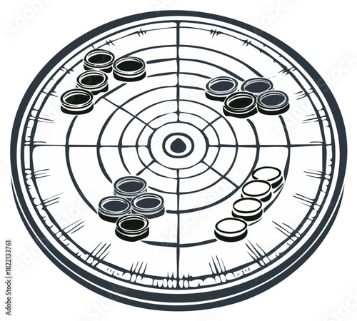 Strategic circular game board with stacked playing pieces ready for action