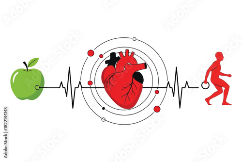 Heart health concept with healthy food and exercise