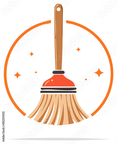 Cartoon illustration of a broom within an orange circle with sparkles.