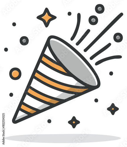 Vector icon of a striped party popper exploding with festive confetti for a celebration