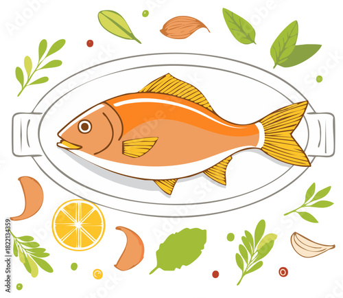 Whole cooked fish on platter with lemon slices and fresh herbs for healthy meal preparation