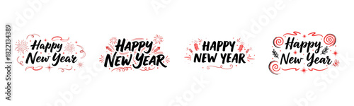 Merry Christmas, Happy Holidays, Happy New Year festive greeting with red holly berries, snowflakes, and elegant script set on transparent background