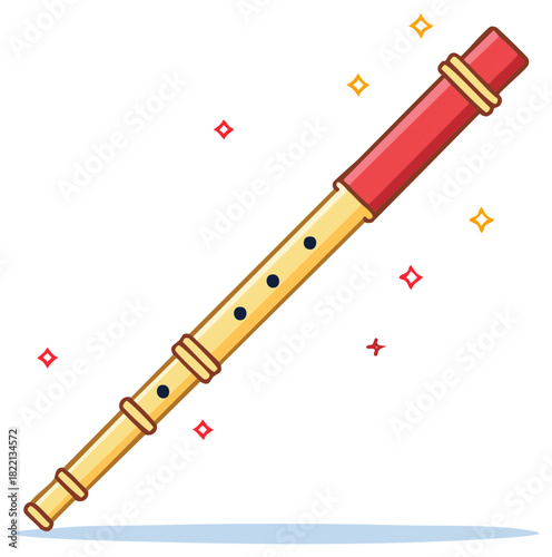 Cartoon illustration of a wind instrument, a wooden flute with a red mouthpiece