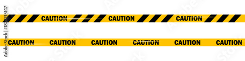 Yellow caution tape set with bold black text isolated on transparent background