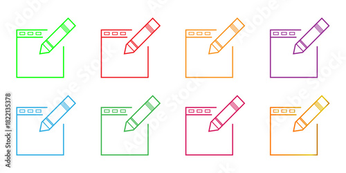 Colorful Web Page and Pencil Edit Icon Set - Outline Vector Illustration for Content Creation and Design