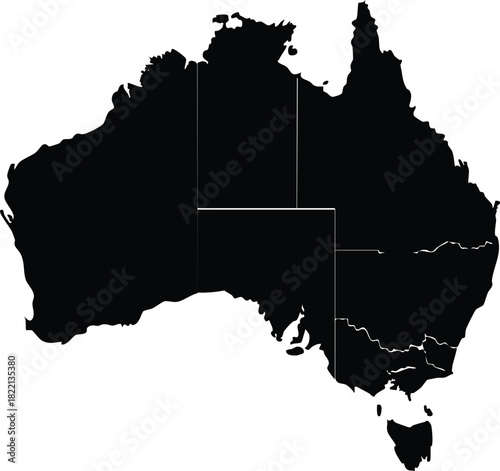 Australia map silhouette vector illustration with state borders for geographic and political designs