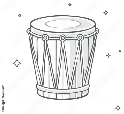Cartoon musical drum instrument vector illustration with grey tones and decorative sparkles
