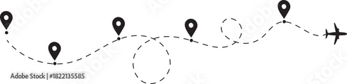 Airplane travel route with location pins, journey path icon