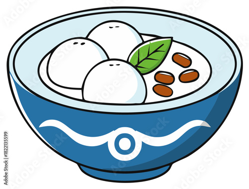 Illustration of traditional Asian sweet soup with glutinous rice balls in a blue bowl