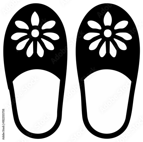 Black silhouette of comfy slippers with flower design isolated for relaxation and home wear vector graphic art