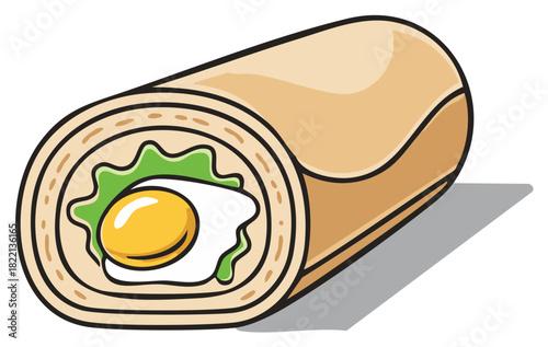Cartoon breakfast burrito with fried egg and lettuce rolled in tortilla