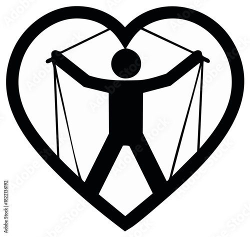 Silhouette person puppet held by strings inside heart shape symbol
