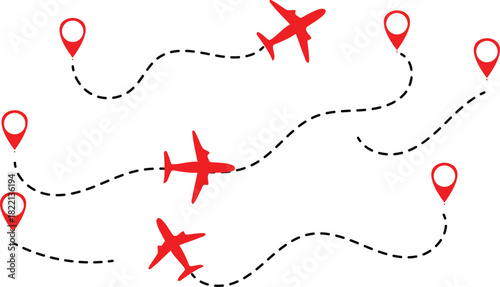Air travel routes with airplanes, dotted paths, and location pins.