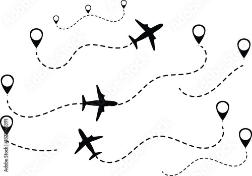 Airplane flight routes with location pins graphic vector