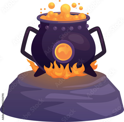 Boiling cauldron cartoon icon. Witch spell pot