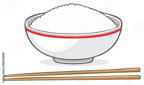 Bowl full of fluffy rice with chopsticks in cartoon illustration Asian cuisine staple nutrition meal lunch dinner