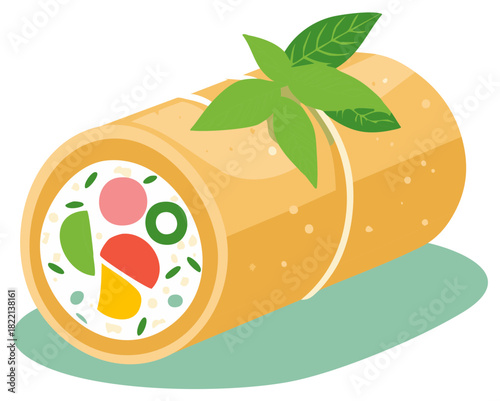 Spring roll with colorful vegetables and basil leaves on a plate, cartoon food art