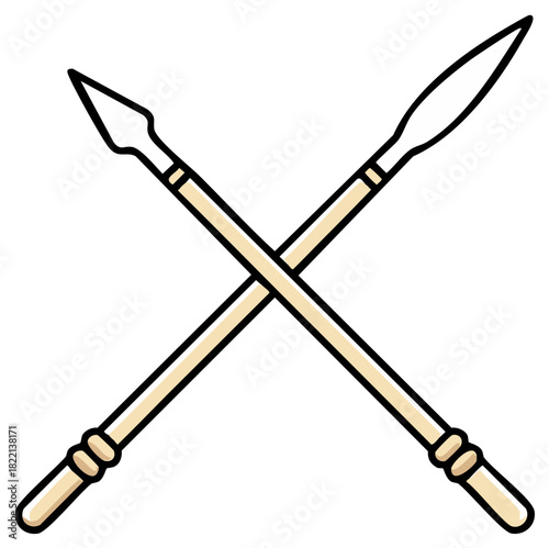 Two Crossed Spears with Pointed Tips and Wooden Handles Representing Ancient Weaponry