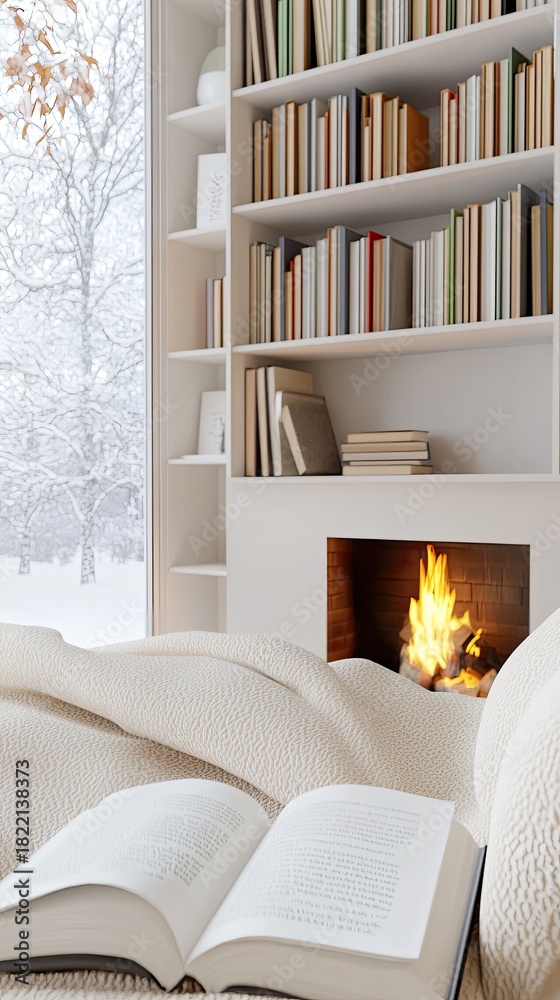 Obraz premium A warm bedroom features soft pillows and blankets, inviting a cozy atmosphere. Outside, snow blankets the landscape, creating a serene winter night with mountain views