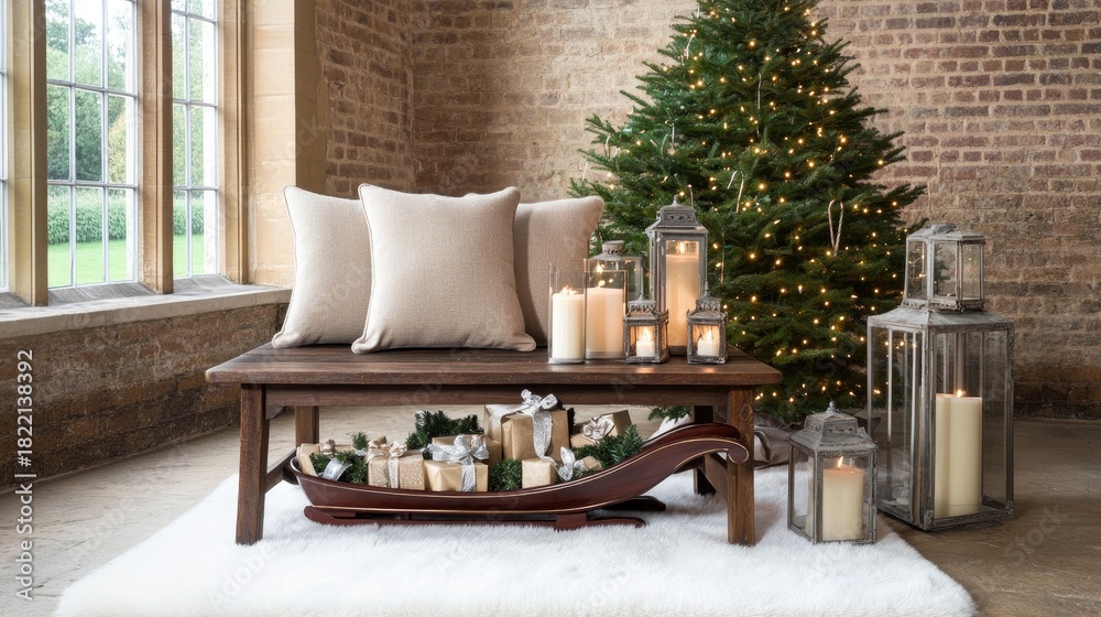 Fototapeta premium This cozy room features a beautifully decorated Christmas tree, silver and beige accents, plus a comfy chair with pillows and blankets for a warm festive vibe