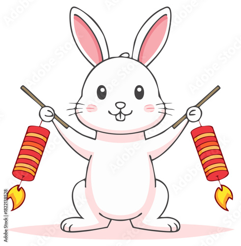 Cartoon bunny holding firecrackers for celebration, holiday or festive occasions.