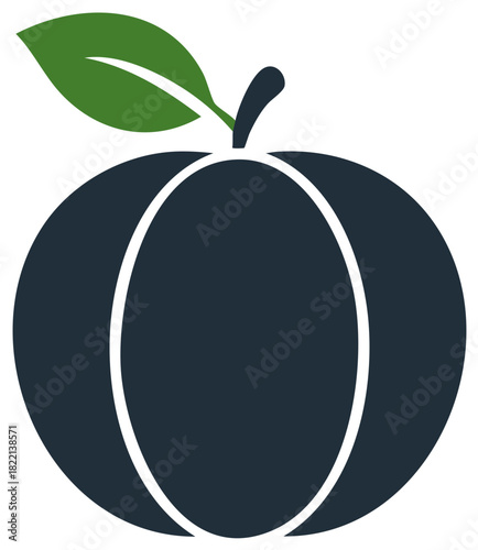 Minimalist dark plum fruit symbol with a green leaf for a modern food or health logo
