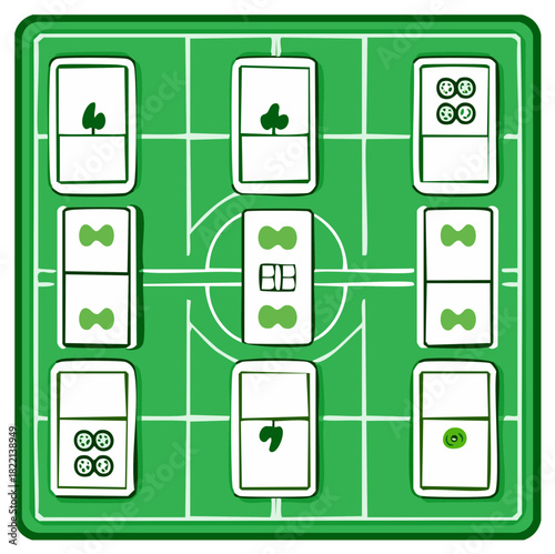 Green Fortune Telling Cards Spread with Four Card Suits Symbolism and Prediction Arrangement