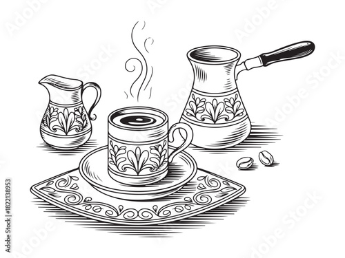 Turkish Coffee Set Illustration cezve saucer