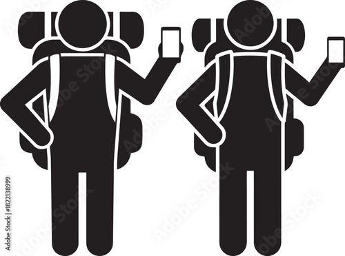 Two backpackers holding smartphones in a distinctive silhouette style