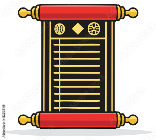 Vector illustration of an ancient decree scroll with a blank list and gold symbols