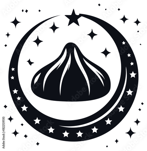 Celestial sweet confection in a starry crescent moon black and white vector icon