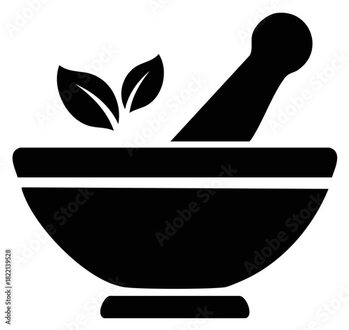 Herbal Medicine Vector Icon Mortar and Pestle with Leaves Grinding Herbs Spices for Natural Remedy or Alternative Medicine