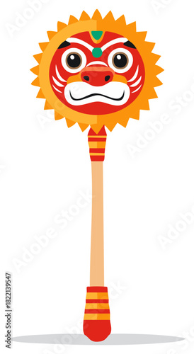 Traditional Indian Gada Mace Weapon with Fierce Lion Face and Sun Rays