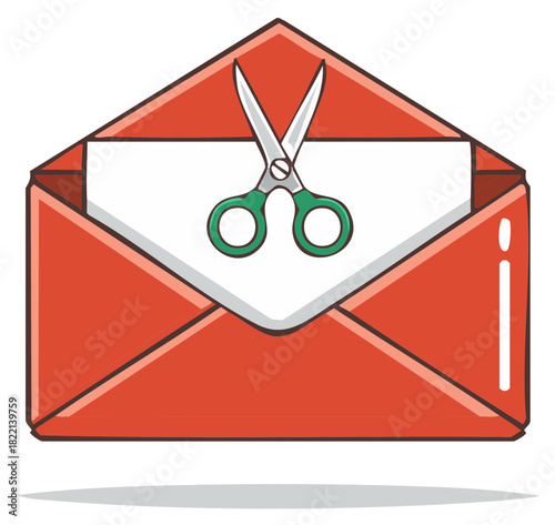Open red mail envelope with green scissors and white paper for a message or offer illustration