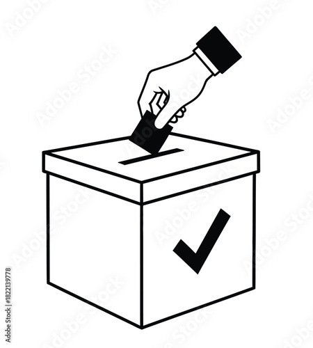 A hand casts a ballot into a voting box marked with a checkmark.