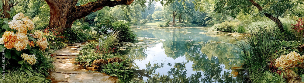 Naklejka premium Serene landscape with tranquil river, lush greenery, blooming flowers, and reflections in peaceful nature setting