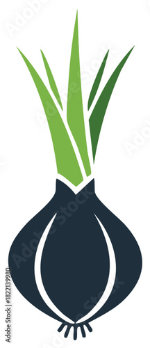 Stylized Dark Onion with Green Sprouts Graphic Icon