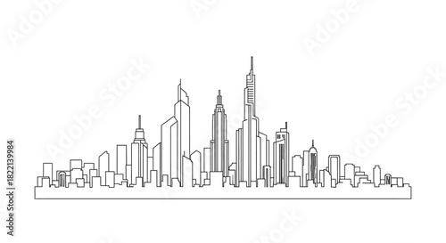 A minimalist line drawing depicts a modern city skyline with various skyscrapers reaching for the sky.