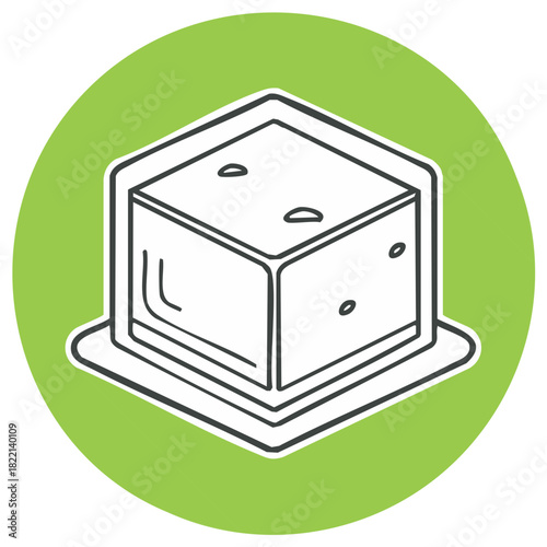 Cartoon-style illustration of a cube-shaped element with a green background.