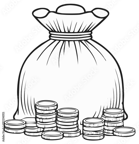 Line art illustration of a full money bag with piles of coins representing wealth savings and finance