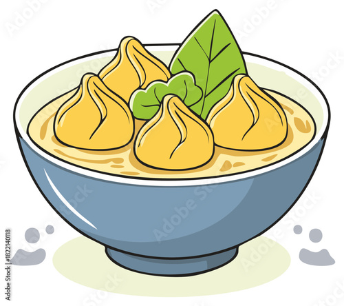 Delicious dumplings in a flavorful broth with fresh green herbs served in a blue bowl