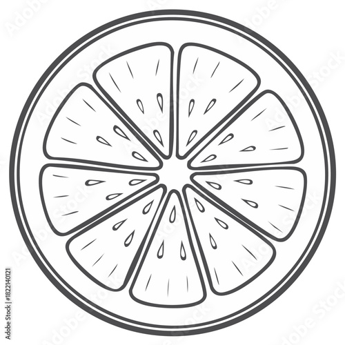 Round citrus fruit cross section line art icon with segments and pulp for healthy food design