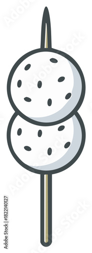 Two sweet dango rice balls served on a bamboo skewer for a popular Japanese dessert